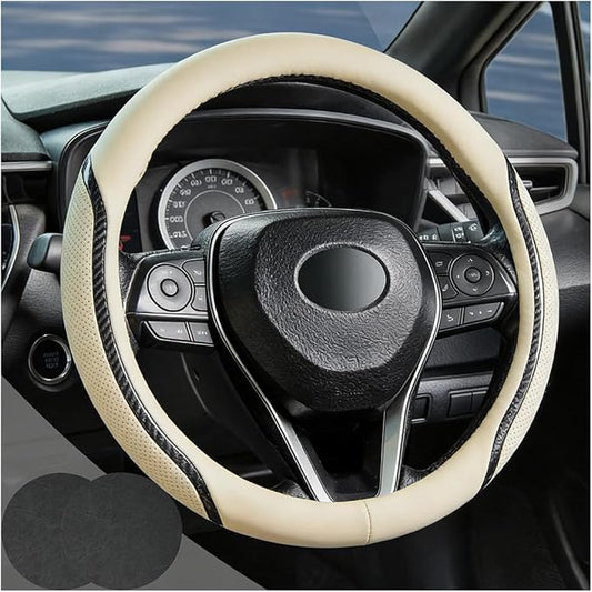Car Steering Wheel Cover Beige, 14.5-15 inch Steering Wheel Covers with Coasters Microfiber Leather Carbon Fiber Breathable Anti-Slip Durable Universal Auto Steering Wheel Protective