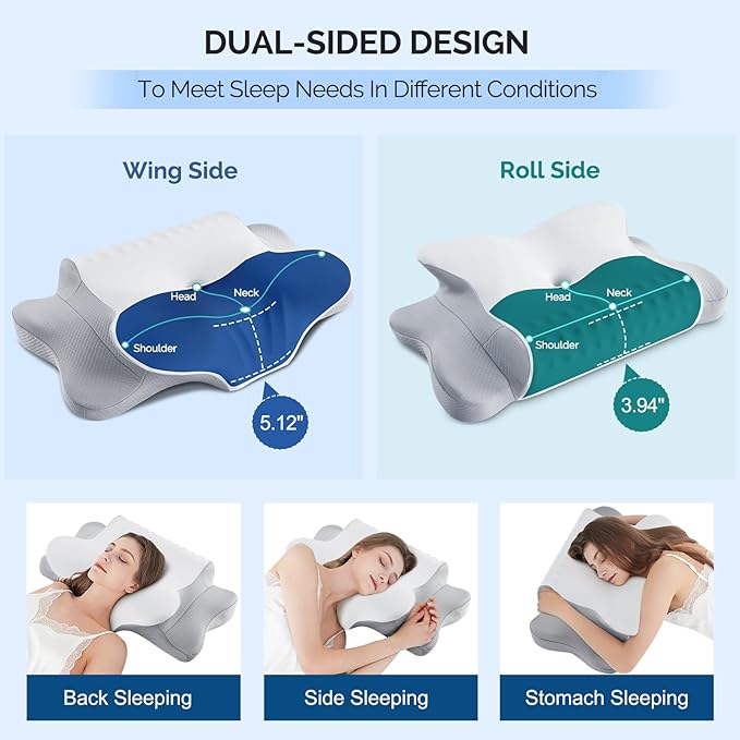 Camping Pillow Memory Foam Pillows,Cooling Ergonomic Dual-Sided Orthopedic Neck Cervical Pillow with Ice Silk Pillowcase, Breathable Contour Pillow for Travel, Side, Back, Stomach Sleepers