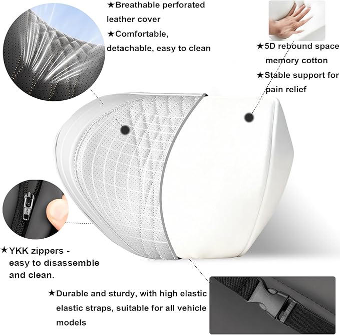 Car Neck Pillow – Premium Memory Foam Headrest with Soft Nappa Leather Feel, Ergonomic Support for Long Drives, Fits Most Vehicles(1, Grey)