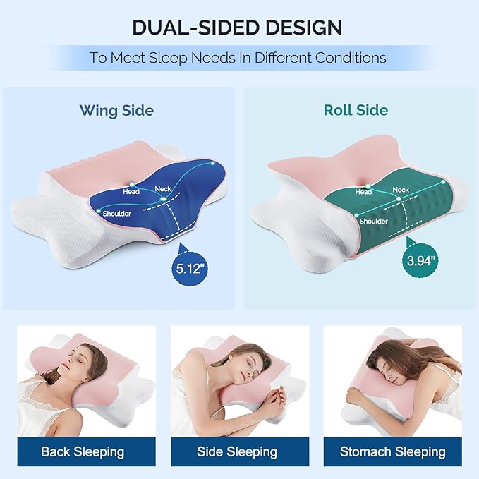 Camping Pillow Memory Foam Pillows,Cooling Ergonomic Dual-Sided Orthopedic Neck Cervical Pillow with Ice Silk Pillowcase, Breathable Contour Pillow for Travel, Side, Back, Stomach Sleepers