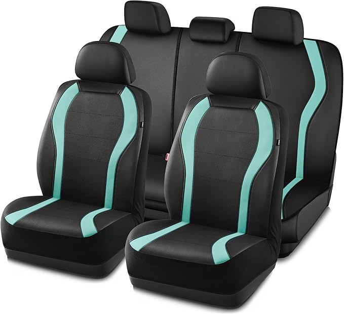 PIC AUTO Leather Car Seat Covers, Premium Automotive Waterproof Front & Rear Full Set Bucket Car Seat Protectors, Black and Mint PVC Patchwork, Fits for Cars, Trucks, Van, SUV, Airbag Compatible