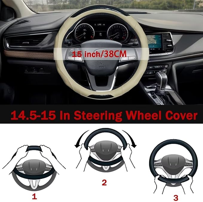 Car Steering Wheel Cover with Cup Coasters, Universal 15 inch Leather Carbon Fiber Steering Wheel Covers Comfort Grip Breathable Anti-Slip Steering Wheel Accessories for SUV Truck Van Auto - Beige