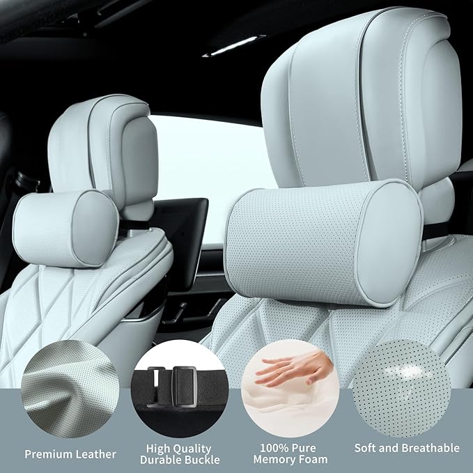 Car Headrest Pillow for Driving - Luxury Leather 100% Memory Foam, Ergonomic Neck Support - Universal Fit Head Rest Travel Pillow for Most Cars, Home & Office, Gray, 1 Pack