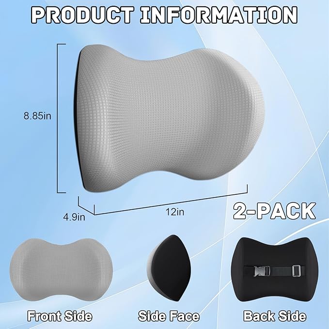 Arazi 2-Pack Car Headrest Pillow Memory Foam Car Neck Pillows for Driving with Adjustable Strap, Neck Support for Pain Relief, Breathable Removable Cover, Fit All Car Seats - Light Gray