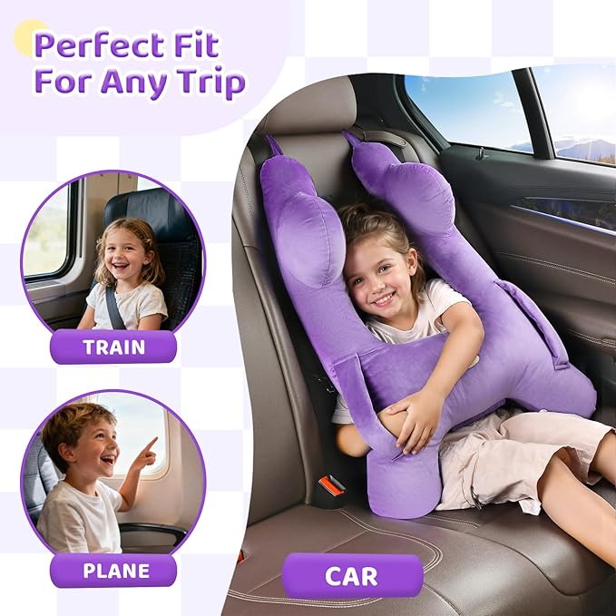 FLORICH Kids Travel Pillow, Car Sleeping Travel Pillow for Kids, Washable H-Shaped Pillow for Adults and Children to Support Head and Body for Road Trips Pillow for Car (Purple)