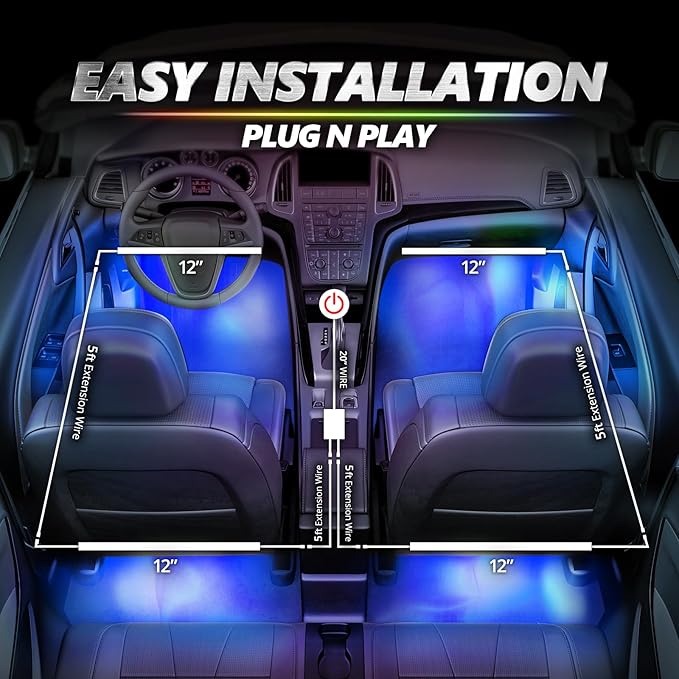 OPT7 Aura Pro Interior Car Lights with App & Remote Control, Multicolor Change, Music Sync Inside Ambient Lighting Kit, Car SUV Van Under Dash Decor, 12V Charger Adapter, 4PC Single Row LED Strip