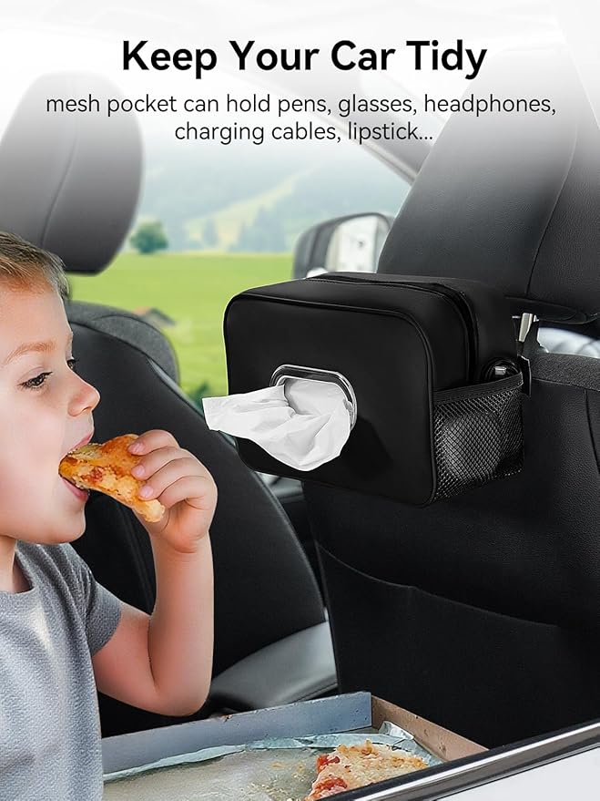 2Pack Multi-Functional Car Tissue Holder with ‌2 Tuck Nets, Upgraded PU Leather Tissue Box Cover, Large Rectangle Napkin Storage Organizer, Keep Car Tidy, Black