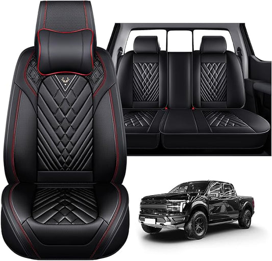 Full Set Car Seat Covers for Ford F-150 F-250 F-350 XL XLT STX Lariat King Ranch Platinum Raptor Waterproof Seat Covers 2009-2025, Anti-Slip Seat Protectors(Luxury 5 Seats/Black Red)