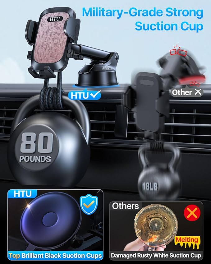 HTU 【98+LBS Strongest Suction & Military-Grade】 Ultimate Car Phone Mount【Patent & Safety Certs】 Cell Phone Holder Truck Stand for Dashboard Windshield Vent for iPhone 17 Pro Max 16 15 Samsung (Pink)