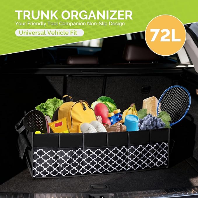 MIU COLOR Trunk Organizer for SUV, Car Organizer, Collapsible Trunk Organizer for Car, Non-Slip Storage Organizer for Sedans, Van, Jeep, Grocery, Large 4 Compartments, Black Grid 32"×13"×12"