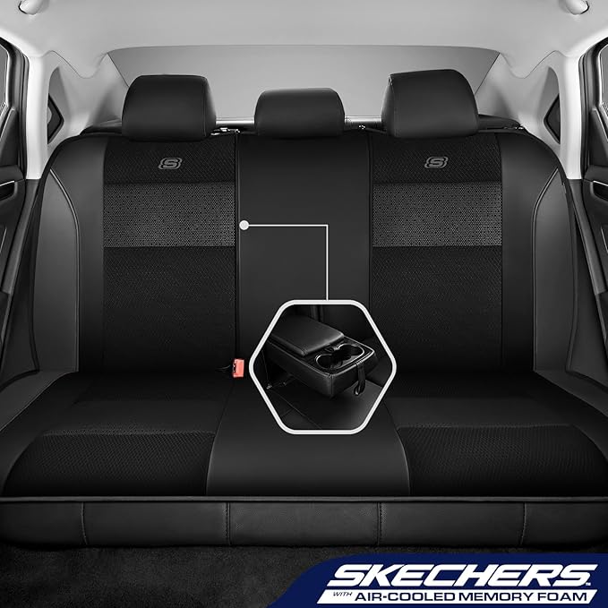 Skechers Aircooled & Memory Foam Seat Covers,Premium Leather with EVA Mesh Car Seat Covers,Seat Cover Full Sets,Airbag Compatible Automotive Comfort for Most Cars, Vans, Trucks, SUV,Black