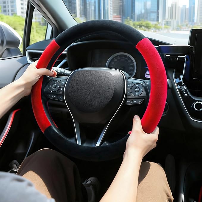 SEG Direct Steering Wheel Cover for Car, Standard Size 14.5-15 inch, Auto Interior Accessories, Warm Plush, Summer Winter, Black and Red