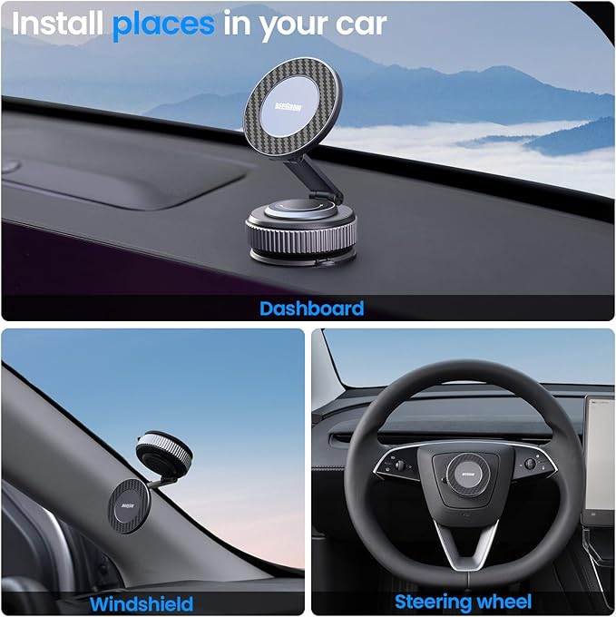 Magnetic Car Phone Holder for Magsafe, Alloy 360° Folding Cell Car Phone Mount with Ultra Stable Suction Cup and Reusable Gel, Dashboard Windshield Stand for iPhone 17-12 Android Pixel Samsung