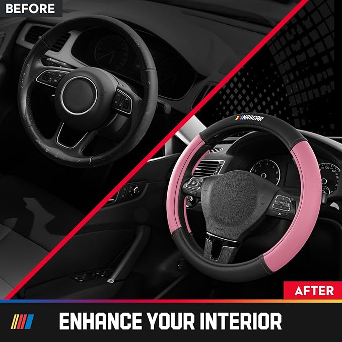 NASCAR Steering Wheel Cover, Two-Tone Pink Leather Patchwork, Universal Fit 14.5"-15.5" Steering Covers for Cars, Anti-Slip, Soft Grip, Odor-Free, Trucks & SUVs, Racing Style Interior Upgrade