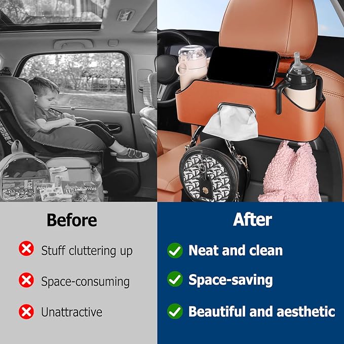 Multifunctional Car Back Seat Storage Organize, 2026 Upgrade 3-in-1 Car Backseat Organizer with Cup Holder, Tissue Box, Trash Bin & Hooks, for Hold Phones, Snacks, Drinks, and Handbags (Black)