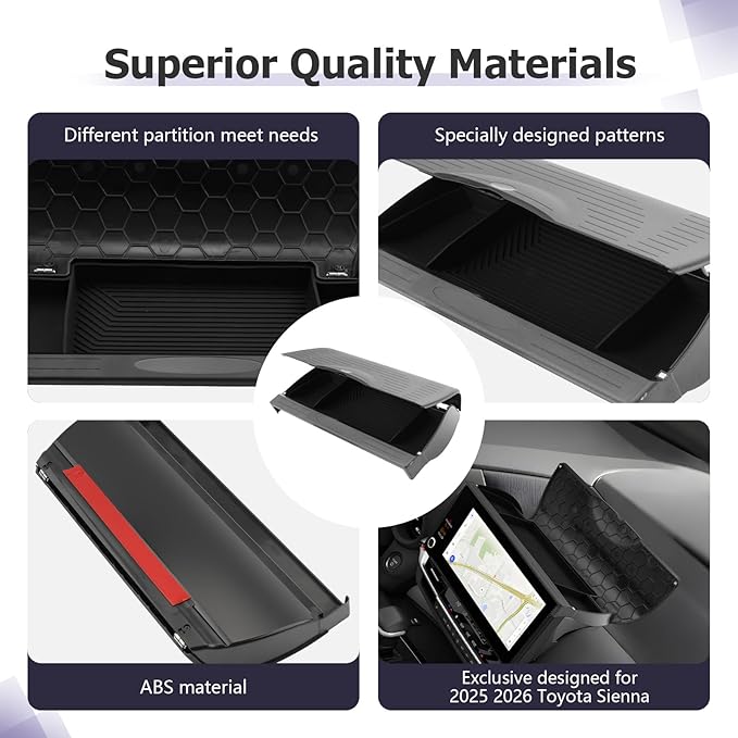 LUWU [New 2026 Sienna Accessories Dashboard Storage Tray Compatible with 2025 2026 Toyota Sienna Accessories Behind Screen Organizer Display Box Dash Tray w/Lid (ONLY for 12.3-INCH Screen)