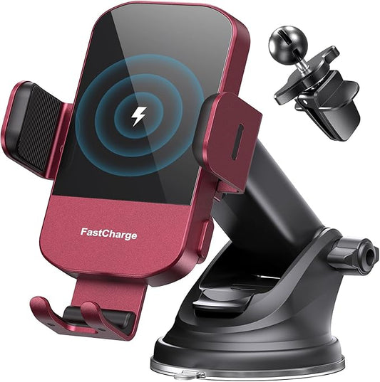 CHGeek 15W Fast Charging Auto Clamping Car Charger Phone Mount Phone Holder (Red)