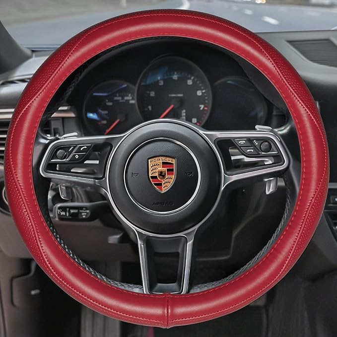 HAOKAY Top Grade Red Genuine Leather Steering Wheel Cover Women, Luxury Steering Wheel Cover for Cars, SUVS and Trucks，Universal 14.5-15 inch