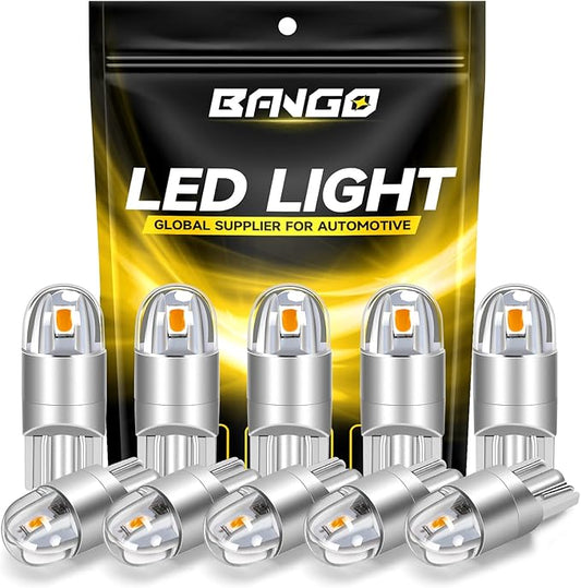 BANGO 194 LED Bulb, Super Bright 168 T10 2825 W5W LED Replacement Bulbs for Car Interior Dome Map Door Courtesy Trunk Side Marker License Plate Lights, Amber Yellow (Pack of 10)