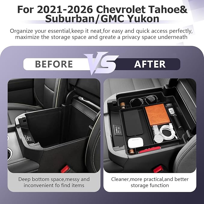 LUWU Console Organizer for 2021-2026 Tahoe & Suburban/GMC Yukon Accessories(ONLY for Standard Console w/Charging Socket) - NOT for Power Sliding Console Center Console Organizer Tray ABS Materials