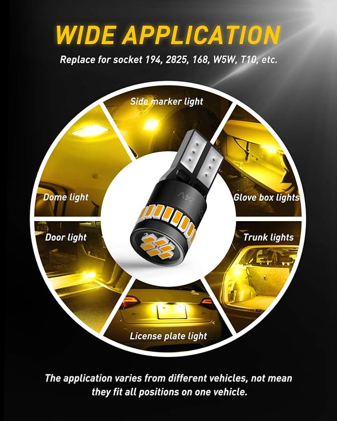 AUXITO 194 LED Bulb Amber Yellow 168 2825 W5W T10 Wedge 24-SMD 3014 Chipsets Replacement Bulbs for Car Dome Map License Plate Courtesy Step Lights (Pack of 2)