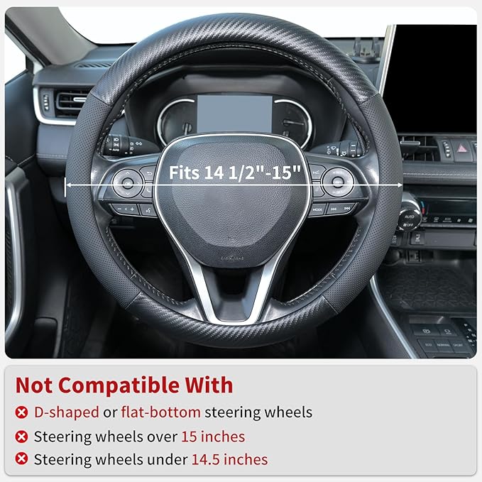 Carbon Fiber Leather Steering Wheel Cover, Universal 14.5–15 Inch Non-Slip Breathable Steering Wheel Cover for Cars, Carbon Fiber