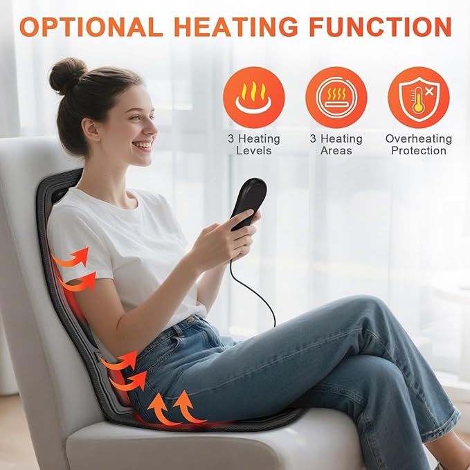 Back Massager for Chair, Massage Seat Cushion with Heat, Lumbar Traction, 8 Vibrating Motors Massager Chair Pad for Full Body Pain Relief, and Home Use