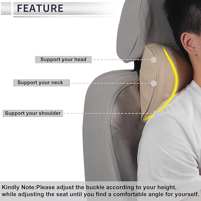 Car Headrest Pillow Ergonomic Comfortable Neck Support Pillow Nappa Leather and Memory Foam Adjustable Width Creamy White 1 Pcs for Driving Travel