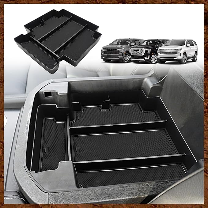 Muslogy for 2021-2024 2025 2026 Sliding Console Yukon Tahoe Suburban Center Organizer Armrest Storage Tray Compatible with GMC Yukon Chevy Tahoe Suburban Fit for Power Sliding Console (Black)