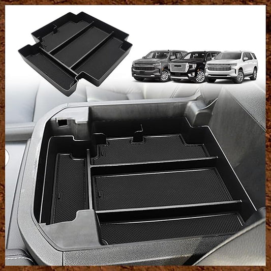 Muslogy for 2021-2024 2025 2026 Sliding Console Yukon Tahoe Suburban Center Organizer Armrest Storage Tray Compatible with GMC Yukon Chevy Tahoe Suburban Fit for Power Sliding Console (Black)
