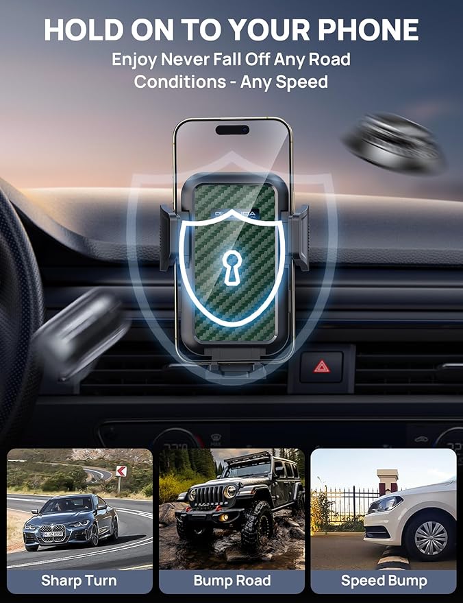 [2025 New] Dashboard Phone Holders for Your Car (+Vent Hook)[Military Grade Stable] Car Cell Phone Holder, Non-Slip Silicone Carbon Fiber Car Phone Mount, Rotatable Suction Cup for All Phone, Green