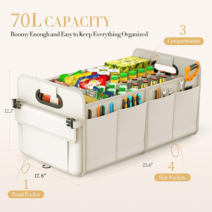 Trunk Organizer For Suv & Sedan,Car Organizers and Storage, Waterproof Collapsible & Adjustable Straps,Sturdy Car Organization for Car Accessories, Tools,Food，Sundries,2-3 Compartment（Beige）