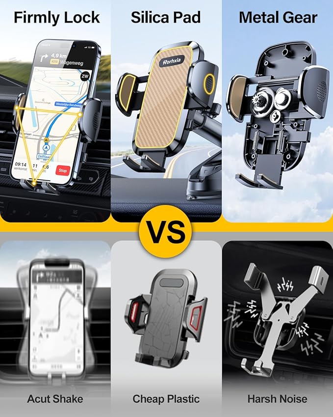 3-in-1 Phone Mount for Car [Most Stable and Flexible Suction Cup] Vent Dashboard Windshield Cell Phone Holder Car Fit for iPhone 15 14 13 12 Pro Max Samsung S23 S22 S21 All Phone, Gold