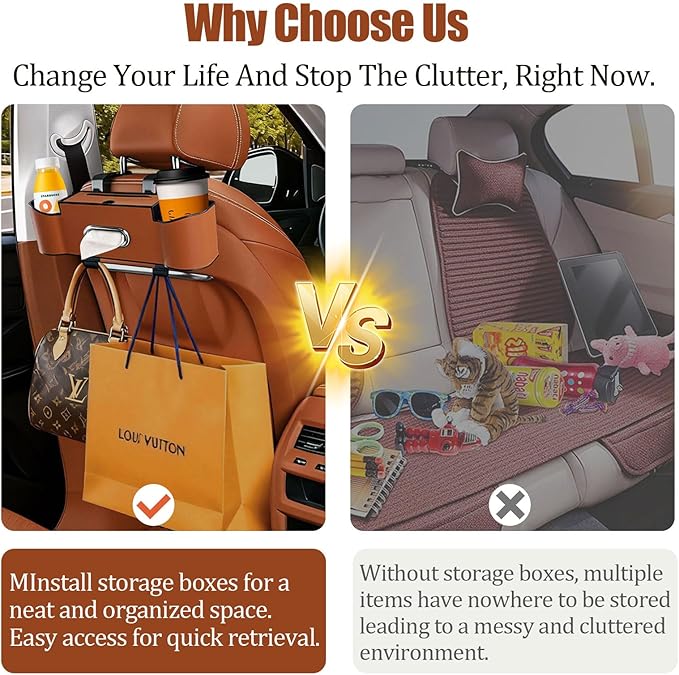 Backseat Car Organizers,4 in 1 Multifunctional Car Back Seat Storage Box with Drink Cup Holder Tissue Box, for Hold Phone,Snacks, Drinks, Handbag (LightBrown)