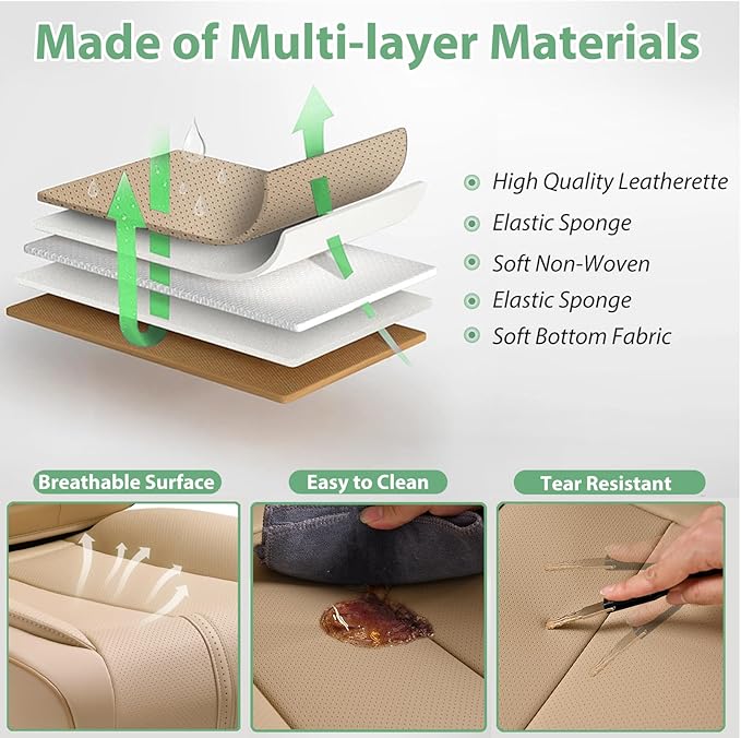 2 Pack Front Car Seat Cover Bottom Only Faux Leather, Anti-Slip Padded Seat Cushion, Full Wrap Seat Protector with Storage Function Fit 95% Cars, SUV, Pick-up Trucks (Beige)