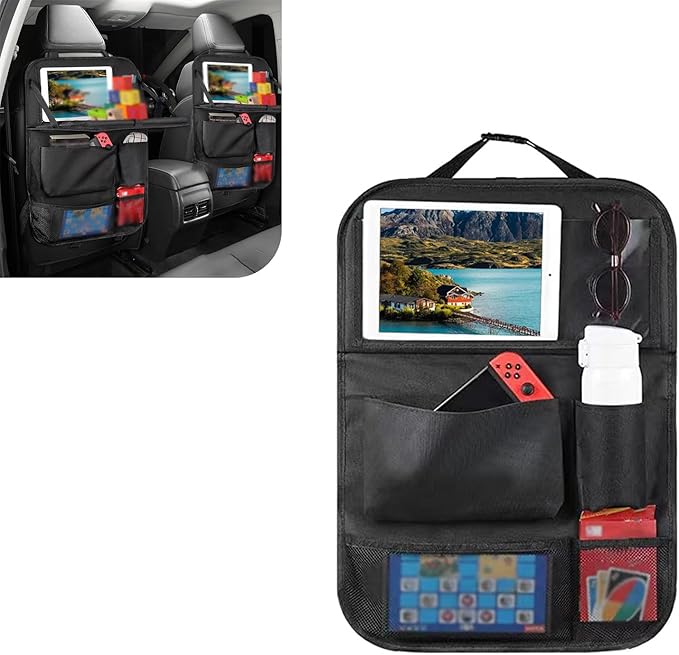 1 PC Car Backseat Organizer, Multifunctional Front Seatback Storage Pocket with Tablet Holder, Universal Protectors Kick Mats Travel Accessories, for Most Cars, Trucks, SUVs (Black)