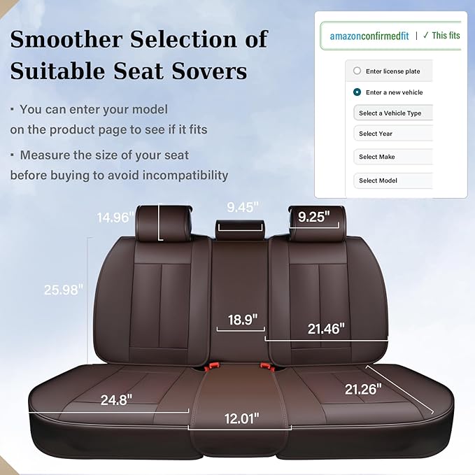 Coverado Rear Seat Covers for Cars, Brown Back Seat Protector, Back Seat Cover for Kids, 3-Pieces Waterproof Car Seat Cushion Nappa Leather Seat Cover for Back Seat Universal Fit for Most Cars
