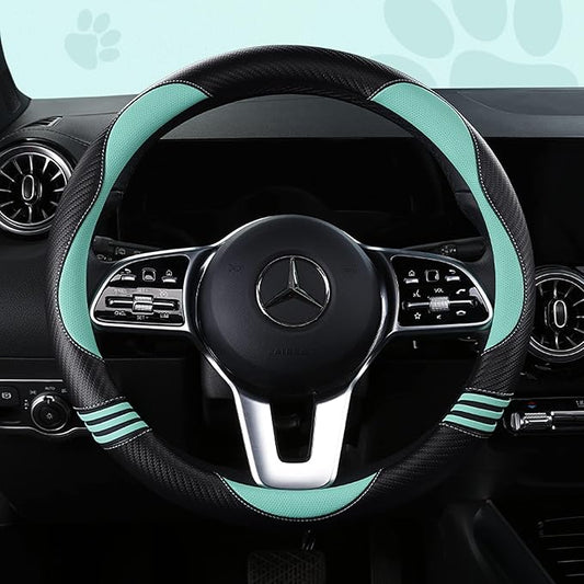 Car Steering Wheel Covers for Women Padded Carbon Fiber PU Leather Cute Auto Interior Accessories for Vehicle, Sedan, Universal, Anti Slip, Green, Standard Size, 14.75-15.15in