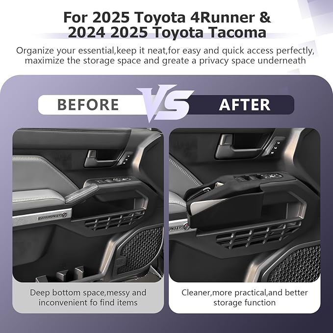 LUWU Door Side Storage Box Compatible with 2025 Toyota 4Runner Accessories Side Organizer Tray 2025 4Runner Center Console Organizer TPE Material Front Storage Box Black 2-Pack