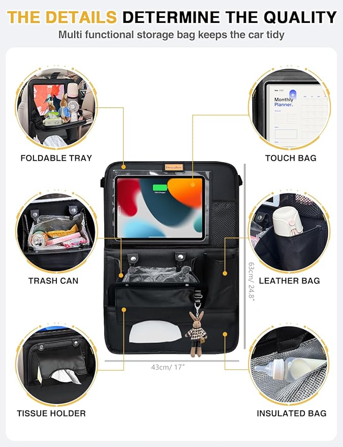 2-Pack Leather Car Backseat Organizer with Tablet Holder–Foldable Food Tray,Storage Pockets,Trash Can,Tissue Holder & Insulated Bag–Kick Mats Protector for Kids,Travel Accessories Organizer