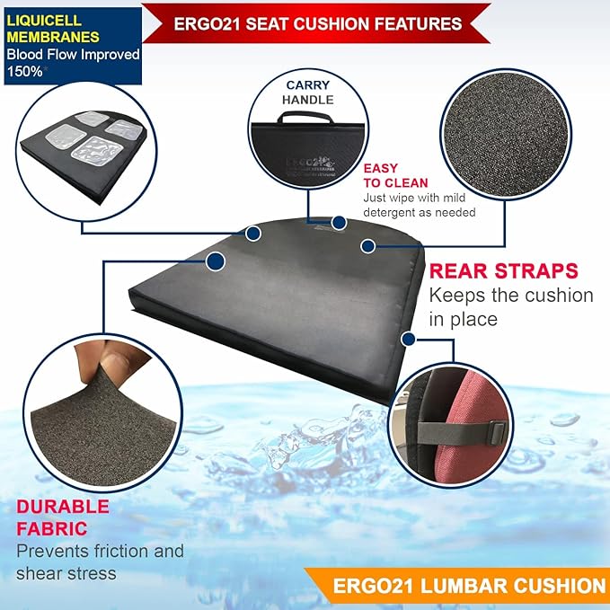 ERGO21 Neck & Back Support Lumbar Roll Made of Liquid Filled Membranes | Chair Back Support at Home, Office Chairs, Bed | Relief from Lower Back Pain, Neck Pain| Size, (16”W x 10”x 2”)