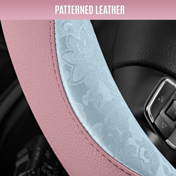 PIC AUTO Steering Wheel Cover, Light Blue Patterned & Pink Leather Patchwork Design, Universal Fit 14.5"–15.5", Anti-Slip, Odor-Free, Soft Grain Leather, Durable Grip Car Accessory for Girls & Women