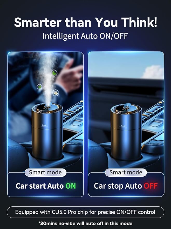 Ceeniu Smart Car Air Fresheners, New Smell Experience by Ultrasonic Mist, Auto On/Off, Powerful Built-in Battery, Natural Fragrance, Adjustable Car freshener, Cologne Scent