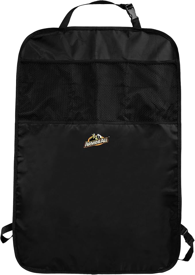 Armor All Car Backseat Kick Mat with Storage, Backseat Kick Protector for Kids with 3 Mesh Pockets, Protects from Kicks, Scratches, Scuffs, Spills, Stains, 3 Adjustable Straps for Easy Installation