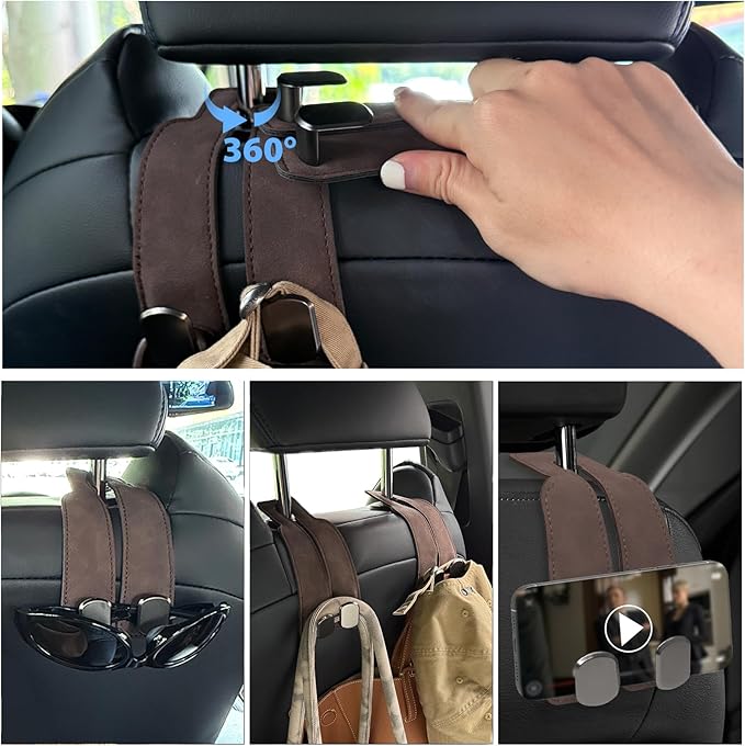 Car Seat Hooks 2 Pack, Leather Headrest Hooks for Car with Double-Hook Design, Durable Headrest Hook Bag Holder Purse Hanger, Organizer for Seat Back in SUV, Truck, Vehicle, Brown