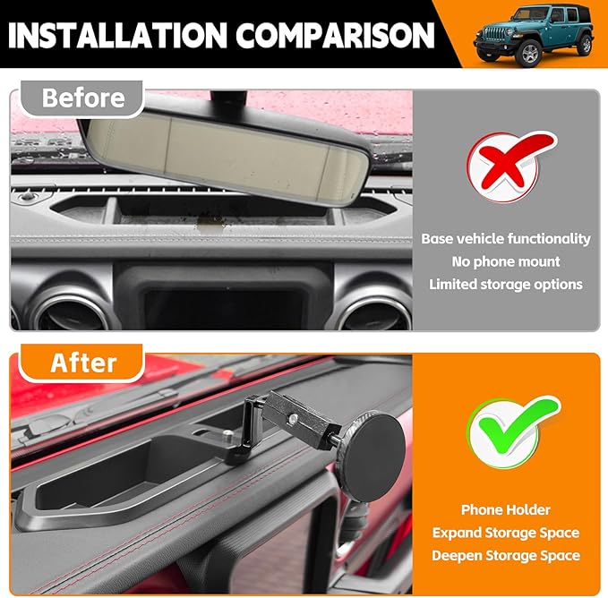 Dashboard Phone Holder Compatible with 2018-2023 Jeep Wrangler JL JLU&Gladiator JT Center Console Organizer Dashboard Phone Multi-Mount Kit for Wrangler 4X4 Accessories(JL/JT 4X4 2018-2023)