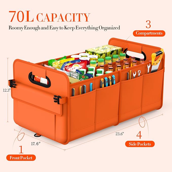 Trunk Organizer For Suv & Sedan,Car Organizers and Storage, Waterproof Collapsible & Adjustable Straps,70L Sturdy Car Organization for Car Accessories, Tools,Sundries,2-3Compartment（Orange