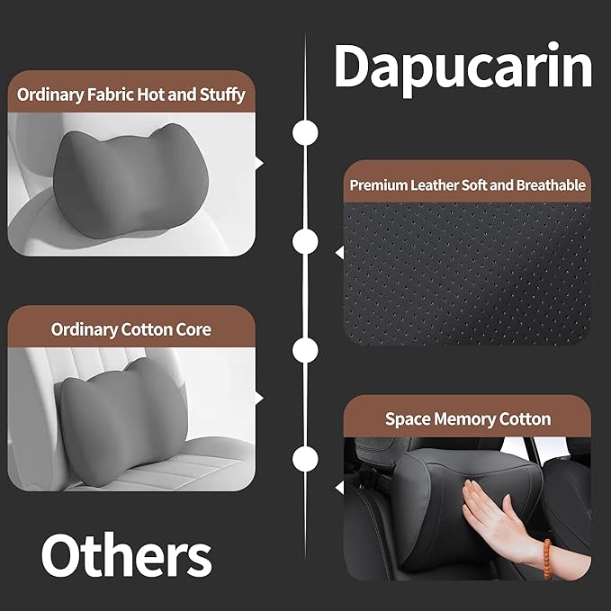 Car Headrest Pillow 100% Memory Foam, Breathable Removable Leather Cover, Premium Seat Support Head Neck Cushion for Driving Travel Home Office, Black, 2 Pack