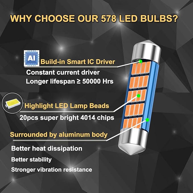 XINYANG 2PCS 578 Festoon LED Car Bulb 41mm 42mm 1.65in 211-2 Led Light Bulb Extremely Bright 20-SMD 4014 Chipsets Canbus Error Free 212-2 LED Lamp for Car Map Dome License Plate Lights,Amber