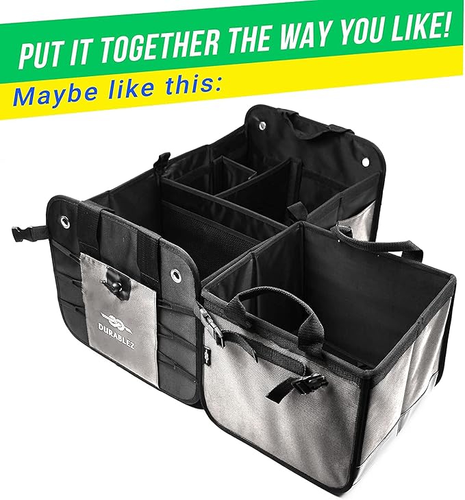 3-Section Modular Trunk Organizer XL – Car Storage for Groceries, Cleaning Supplies, Tools, Sports Gear – Foldable L-Shape Cargo Bin – Gray